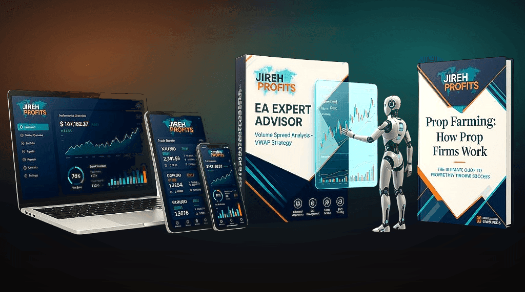 Jireh Profits EA product suite — laptop, tablet, phone, Expert Advisor package, and Prop Farming guide